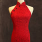Red Lace Halter Cut Diamond Back Cheongsam