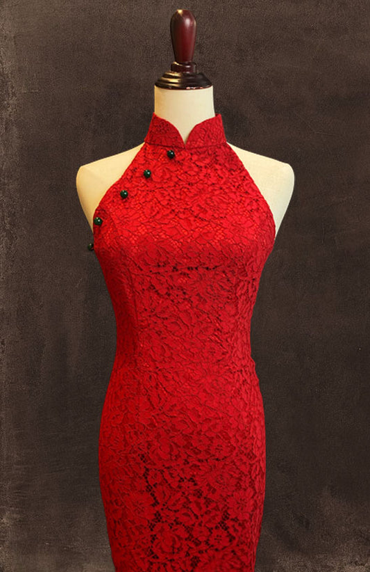 Red Lace Halter Cut Diamond Back Cheongsam