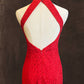 Red Lace Halter Cut Diamond Back Cheongsams