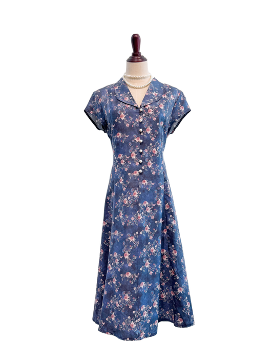 Blue Floral Liberty Shawl Lapel Dress