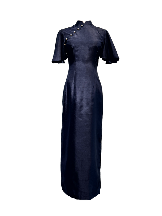Midnight Blue Cheongsam with Lace Back Detail