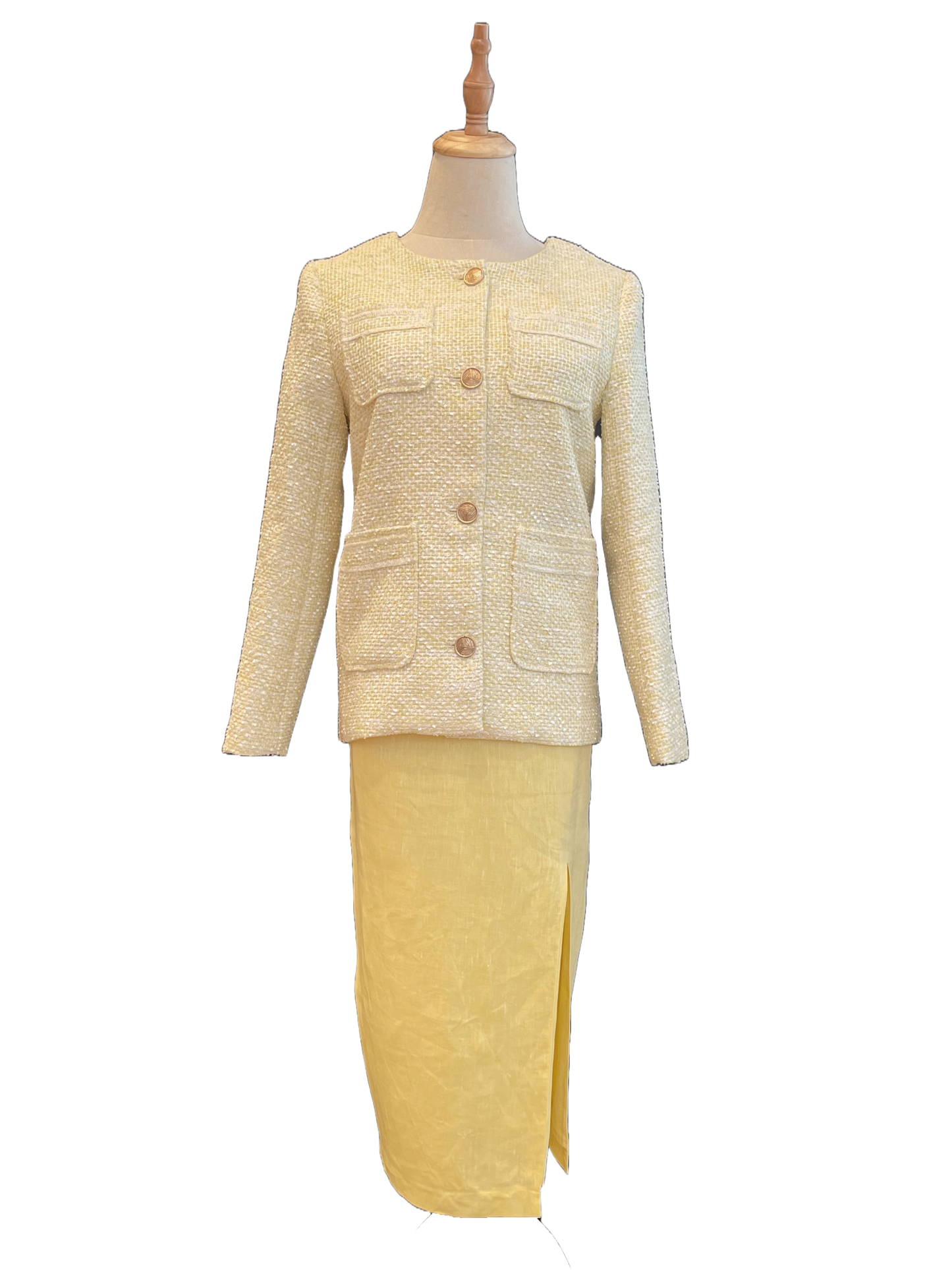 Yellow Tweed Jacket with Linen Skirt