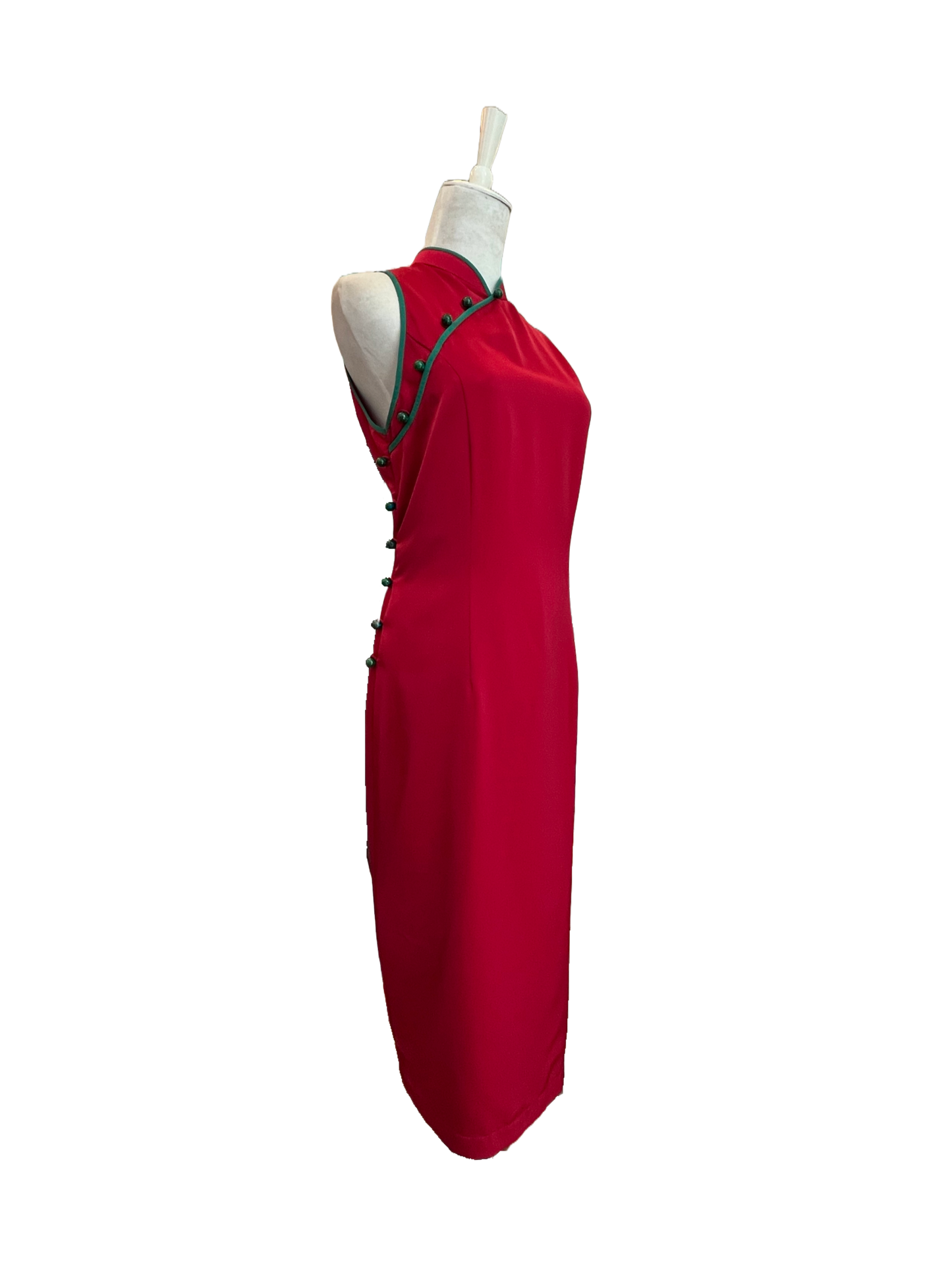 Red Silk Cheongsam with Green Jade Buttons