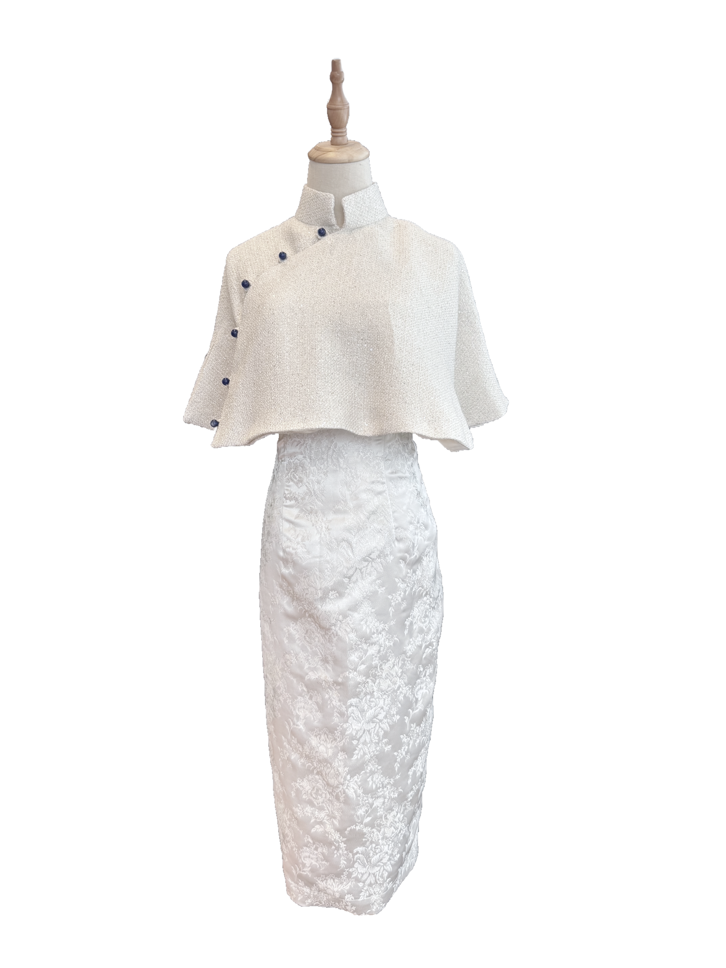 White Tweed Cape and Jacquard Dress Set