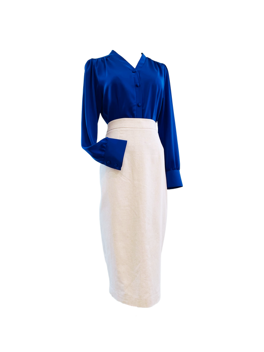 Sapphire Blue Silk Top with Linen Skirt