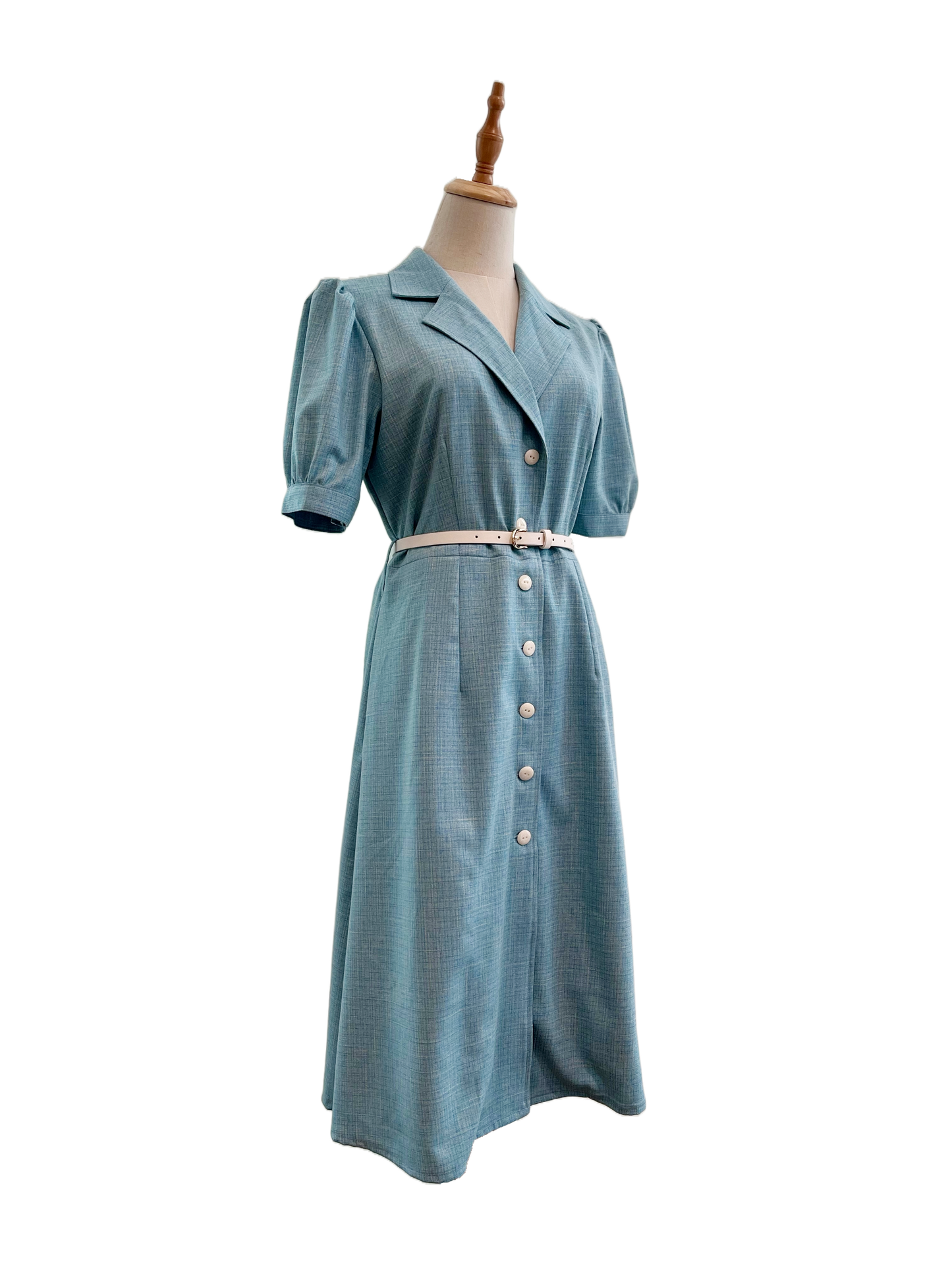 Blue Shirt Dress with Puffed Sleeves