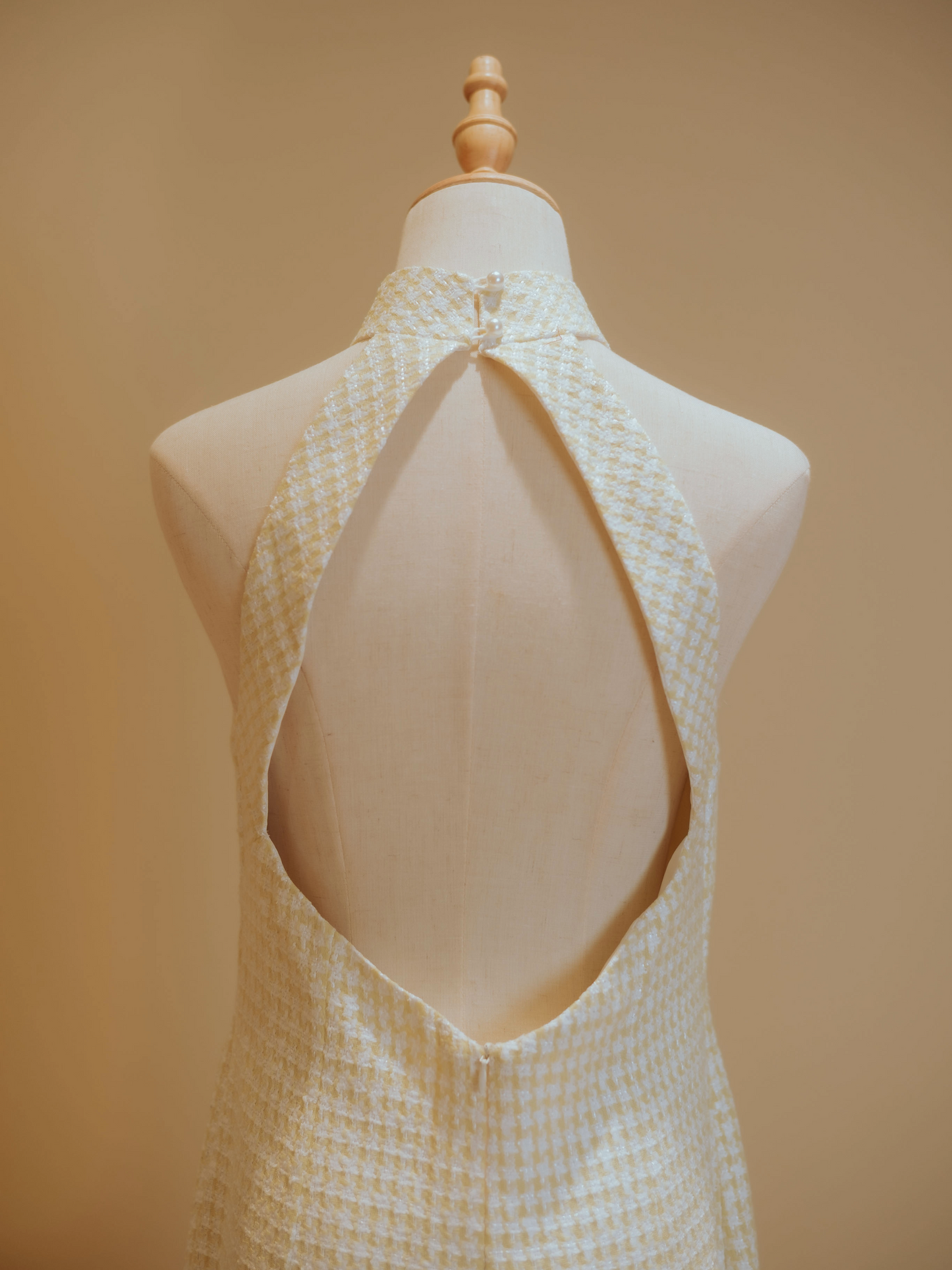 Yellow Tweed Cheongsam with Diamond Back and Appliqué