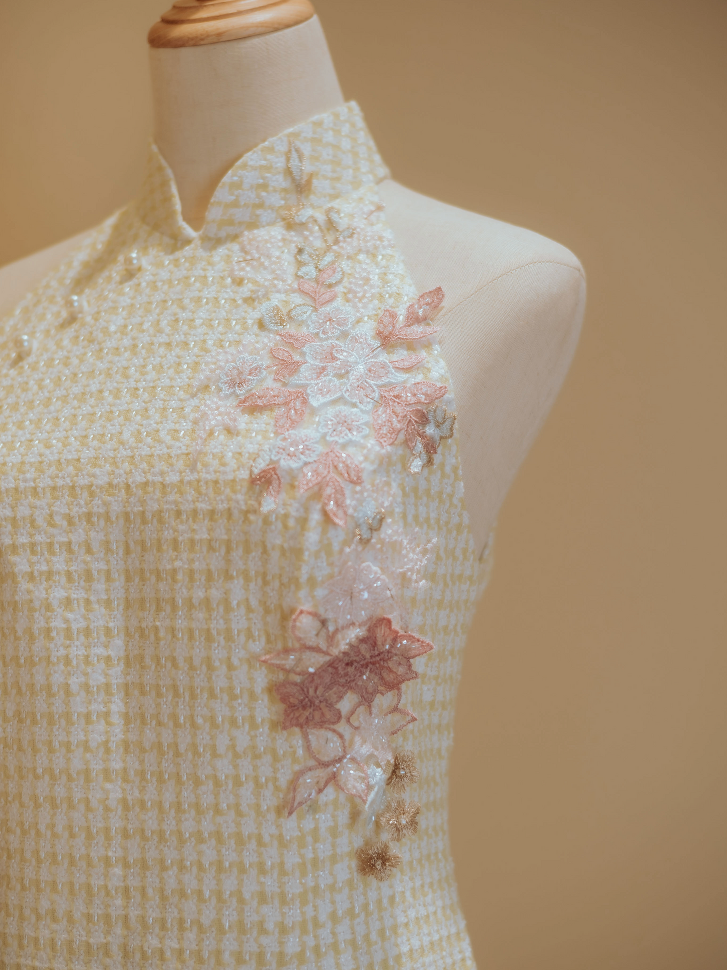 Yellow Tweed Cheongsam with Diamond Back and Appliqué