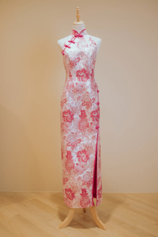 Pastel Pink Floral Motif Jacquard with Chinese Knots and Fuchsia Piping