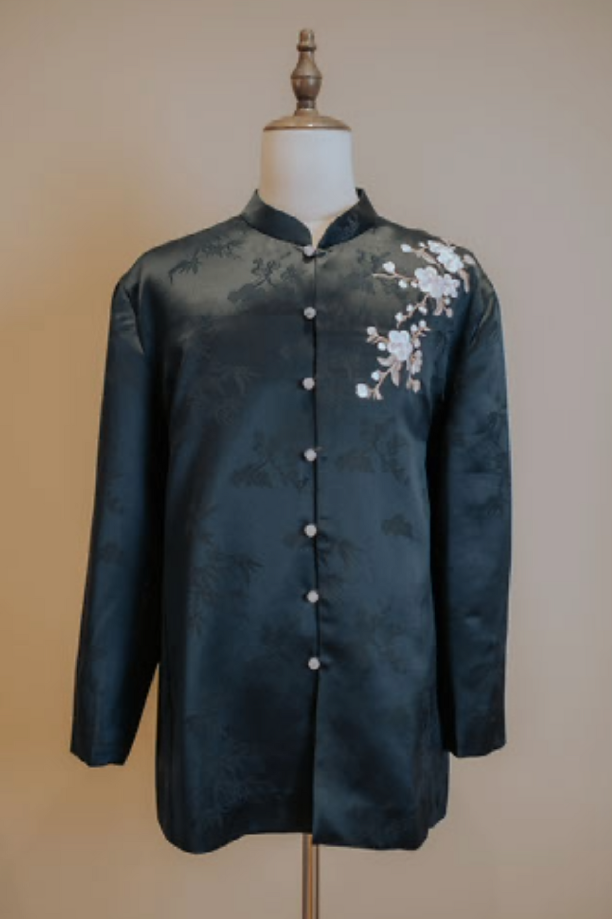 Midnight Chinese Blue Cheongsam /Tang Shirt with Cherry Blossom Embroidery