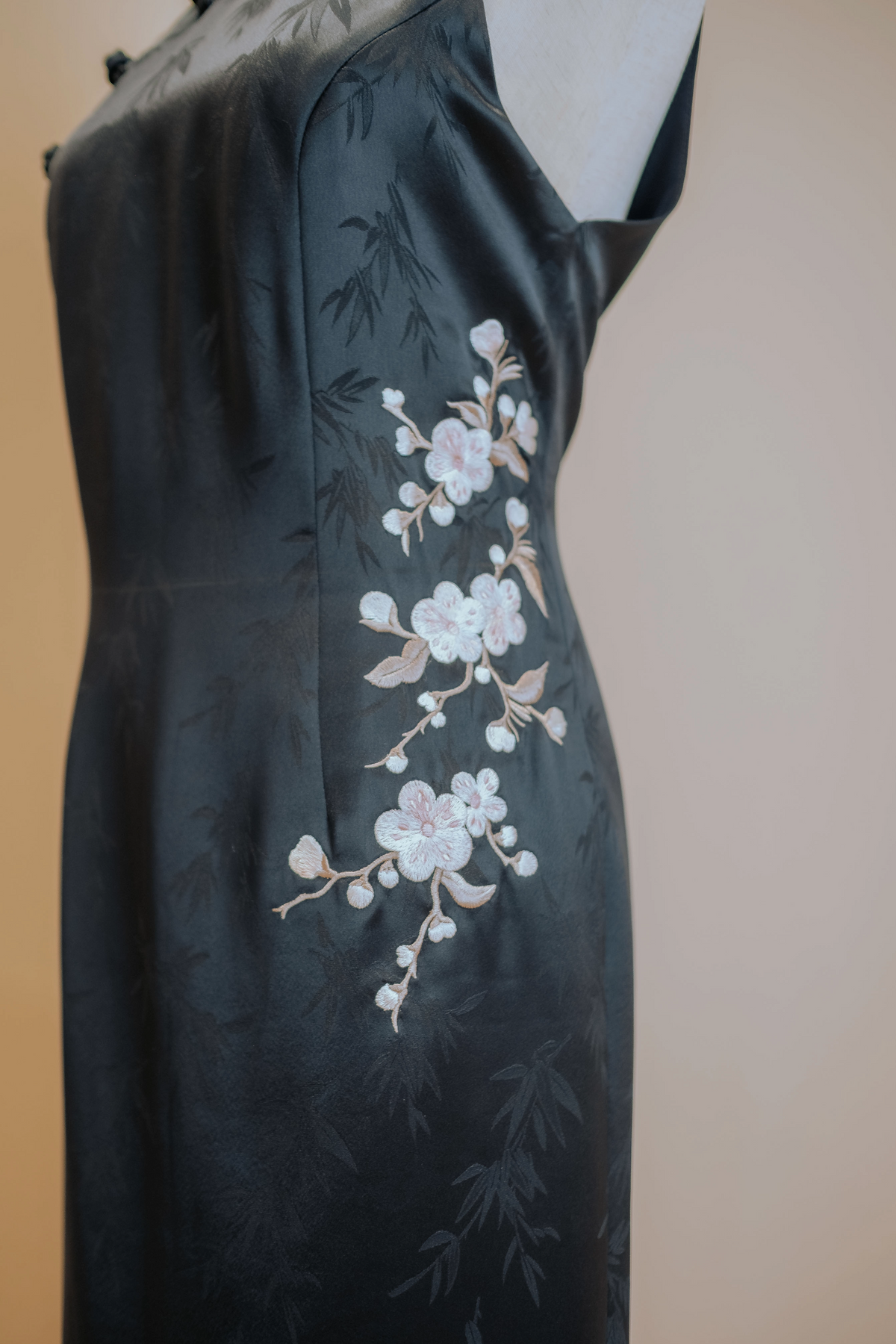 Midnight Chinese Blue Cheongsam /Tang Shirt with Cherry Blossom Embroidery
