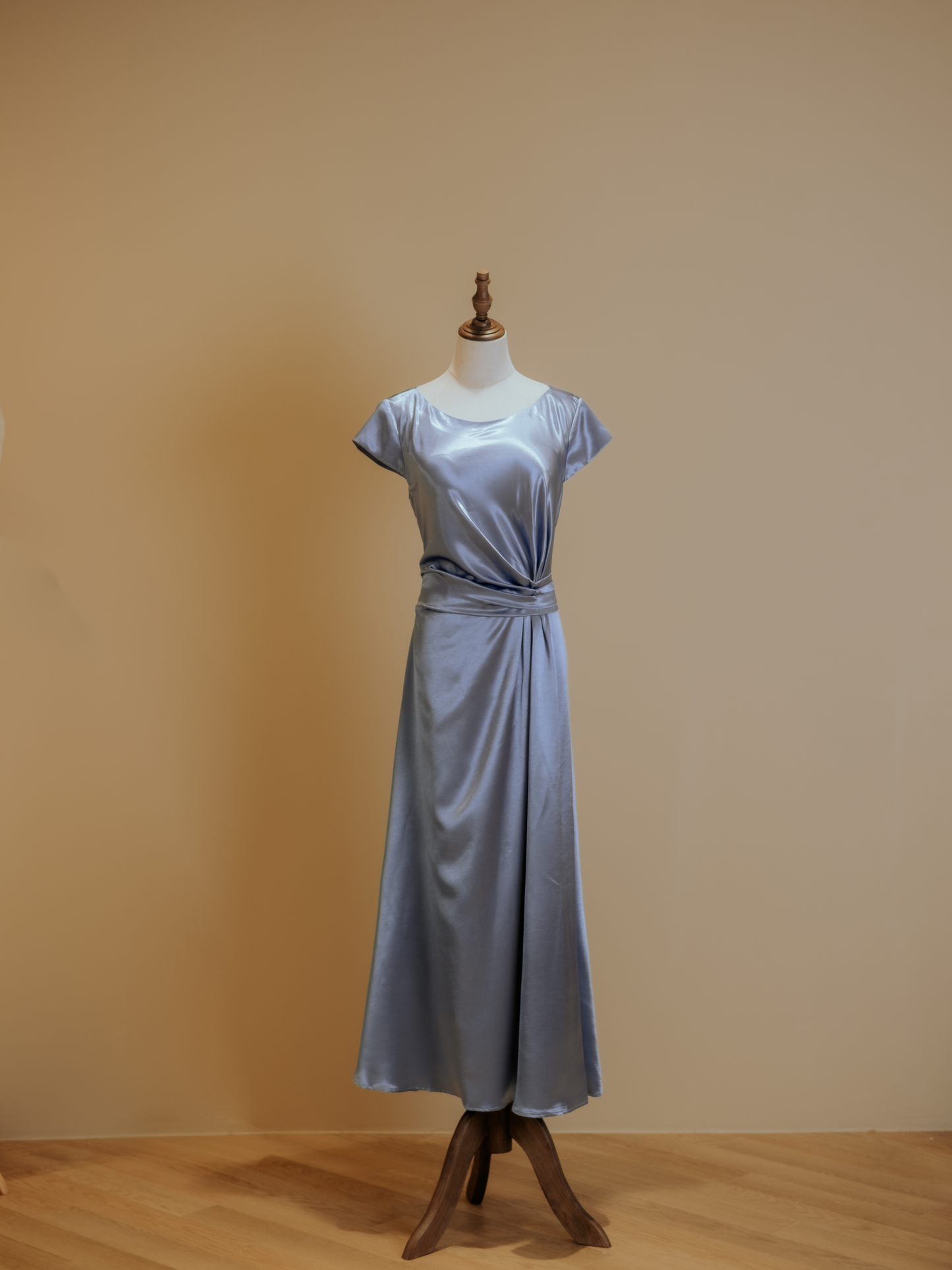 Ocean Blue Silk Satin Boatneck Evening Gown with Side Ruching