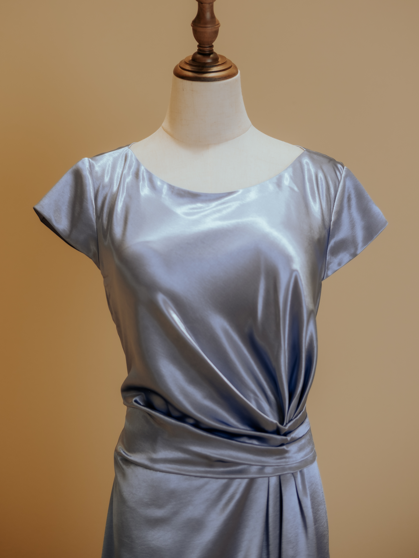 Ocean Blue Silk Satin Boatneck Evening Gown with Side Ruching