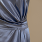 Ocean Blue Silk Satin Boatneck Evening Gown with Side Ruching