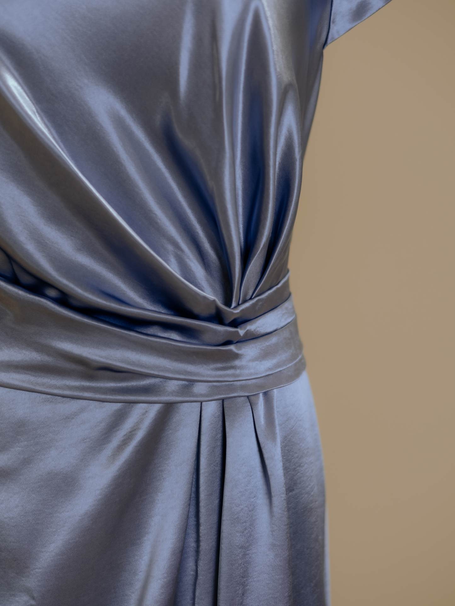 Ocean Blue Silk Satin Boatneck Evening Gown with Side Ruching