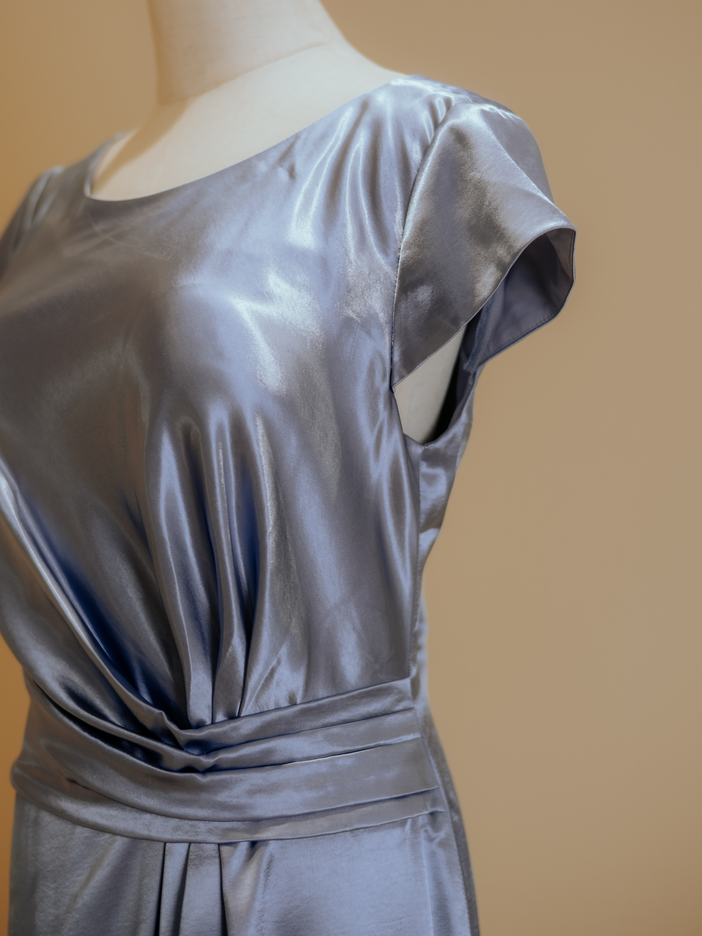 Ocean Blue Silk Satin Boatneck Evening Gown with Side Ruching