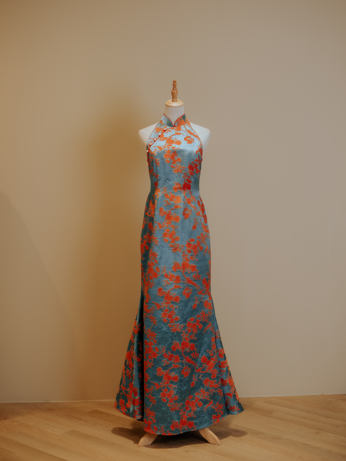 Turquoise Jacquard with Orange Floral Motif and Trim Mermaid Cheongsam