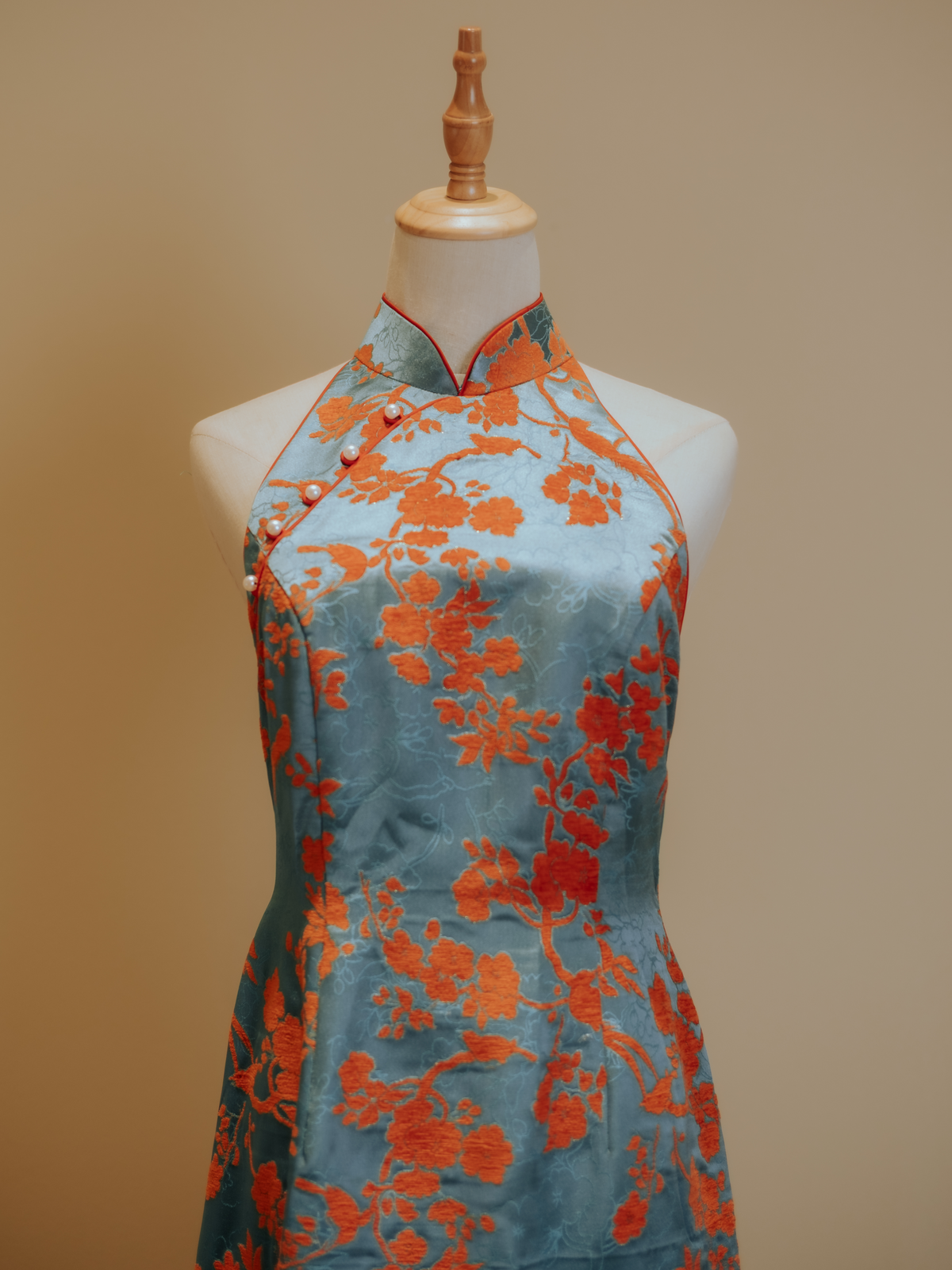 Turquoise Jacquard with Orange Floral Motif and Trim Mermaid Cheongsam