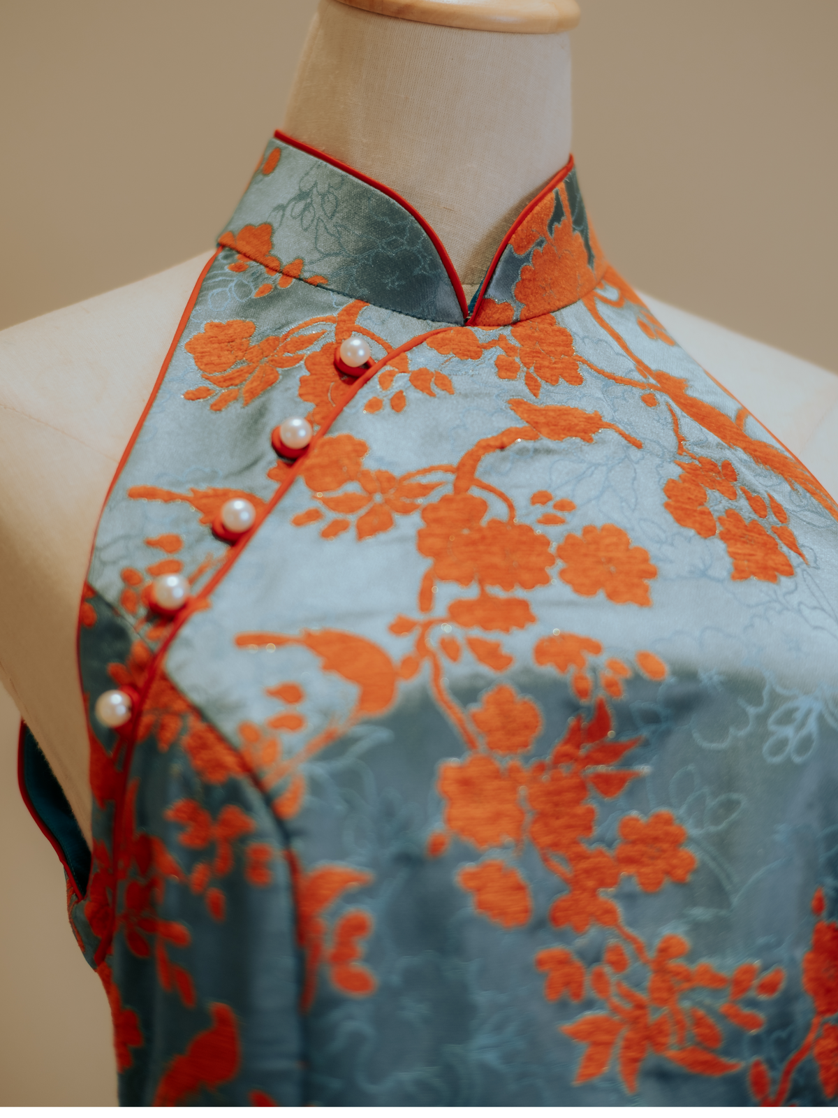 Turquoise Jacquard with Orange Floral Motif and Trim Mermaid Cheongsam