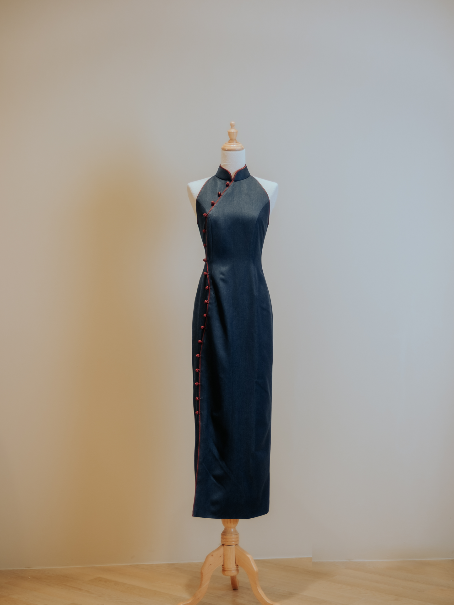 Cotton Denim S Shape Curve Design Cheongsam with Red Buttons and Trimming