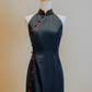 Cotton Denim S Shape Curve Design Cheongsam with Red Buttons and Trimming
