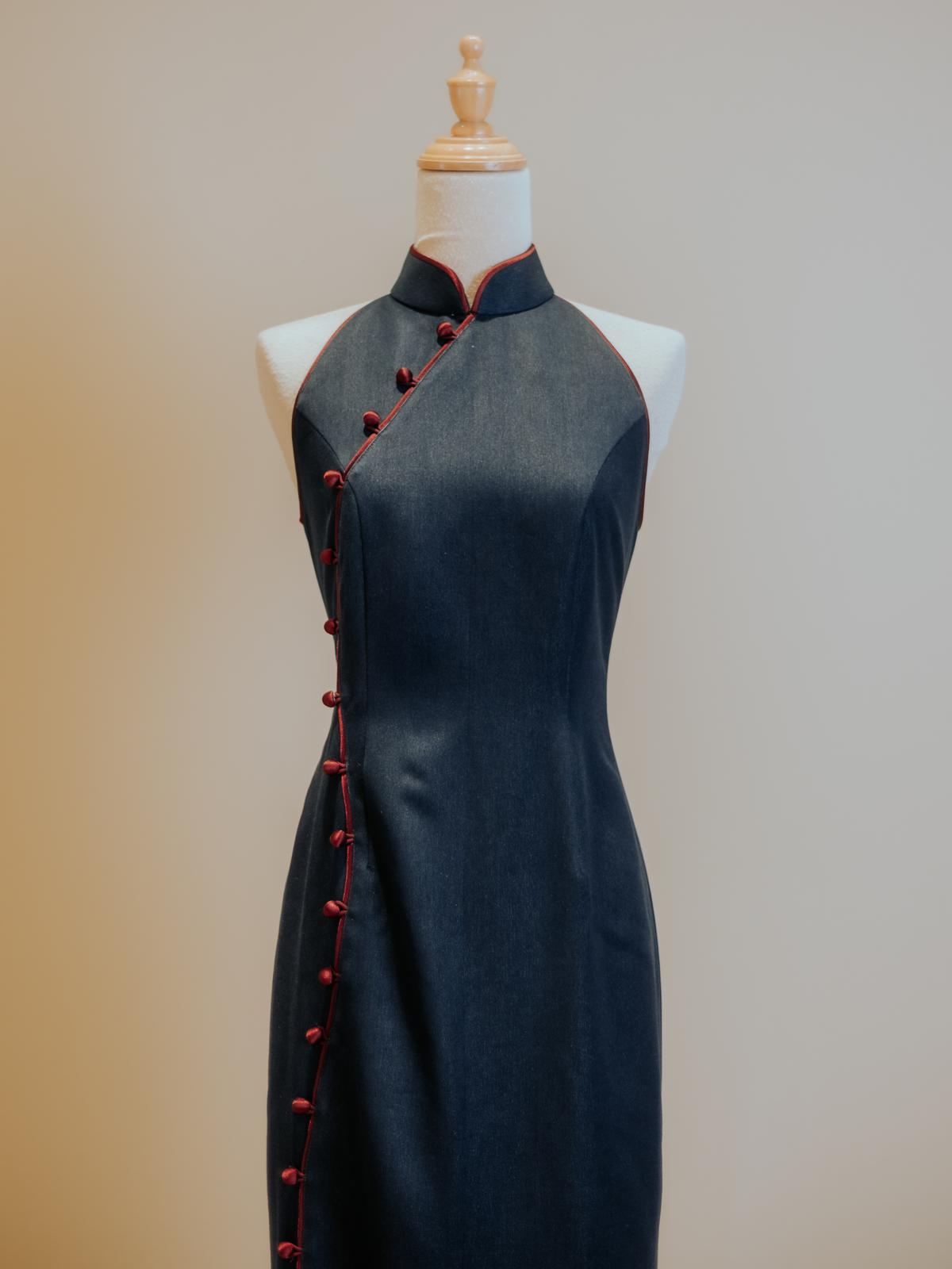 Cotton Denim S Shape Curve Design Cheongsam with Red Buttons and Trimming