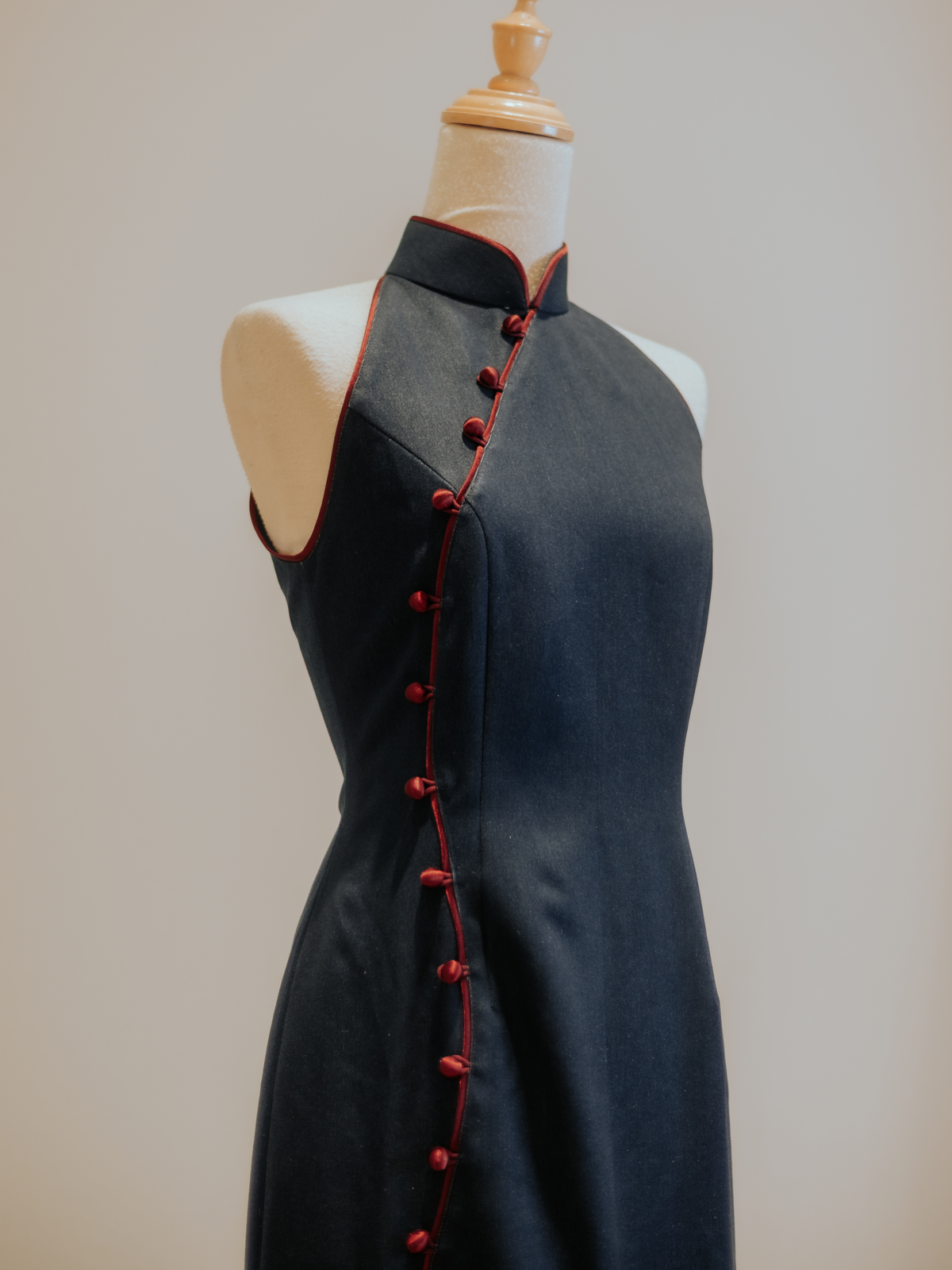 Cotton Denim S Shape Curve Design Cheongsam with Red Buttons and Trimming