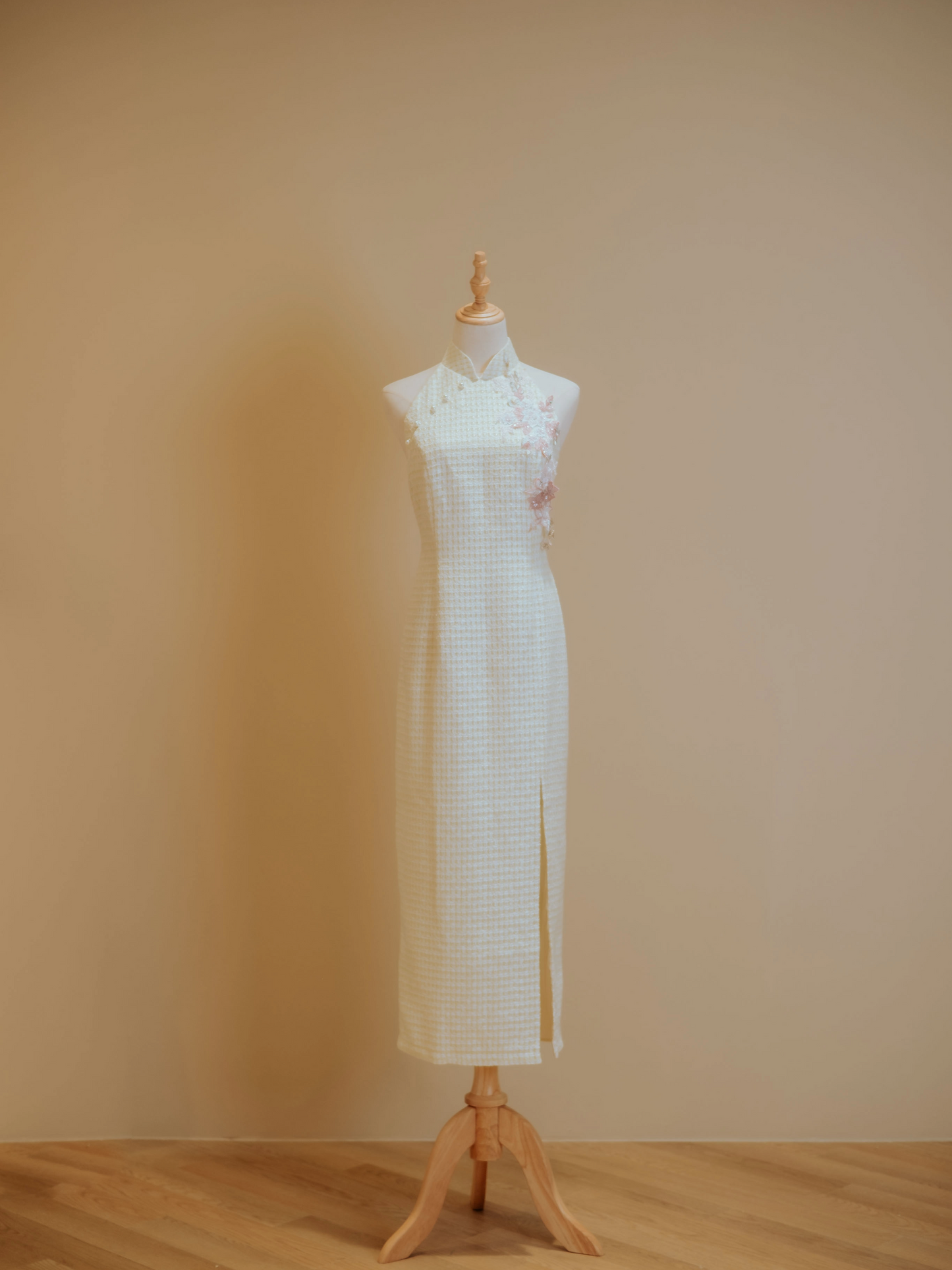 Yellow Tweed Cheongsam with Diamond Back and Appliqué