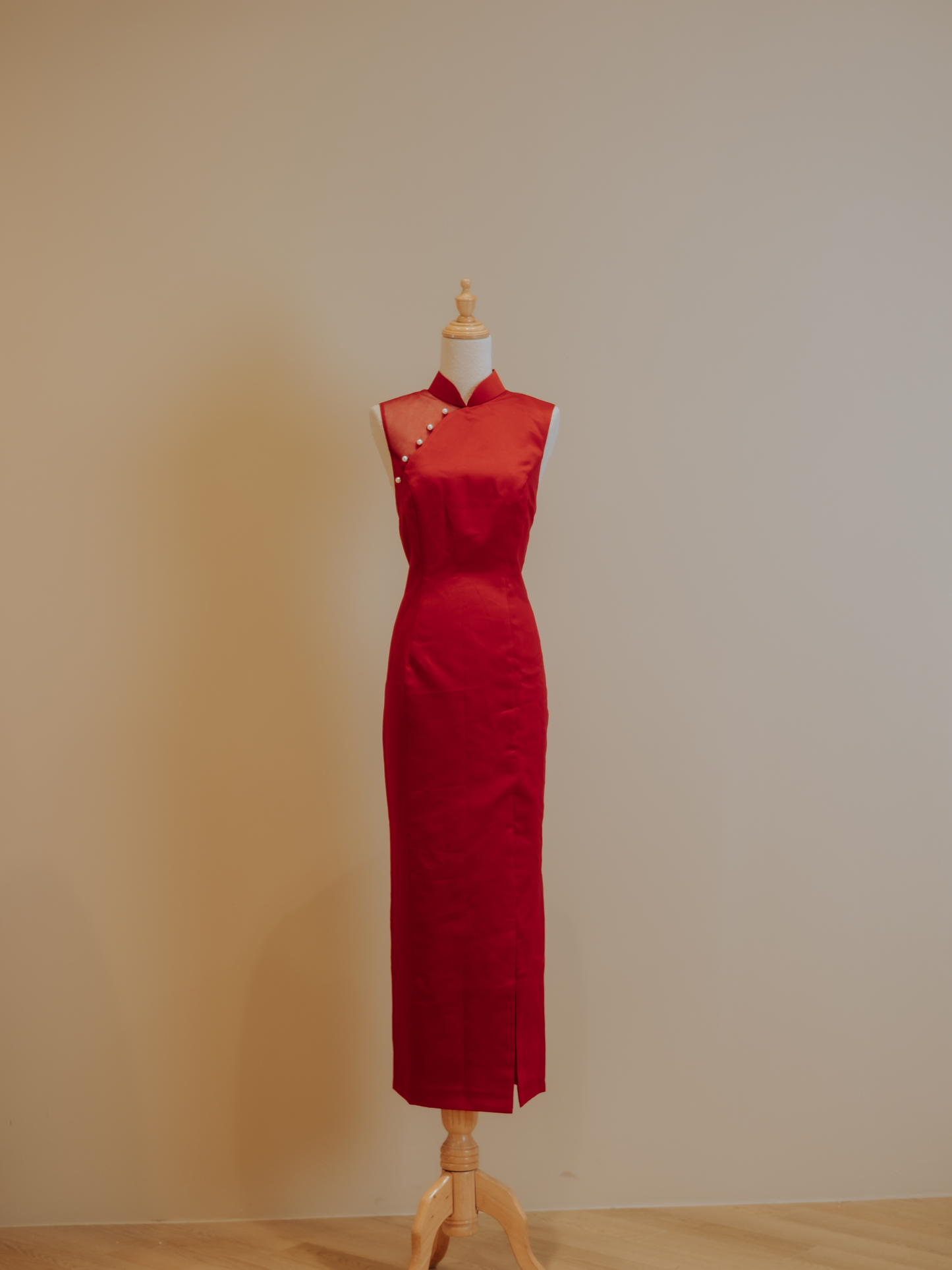 Red Duchess Satin with Side and Back Diamond Back Mesh Cheongsam