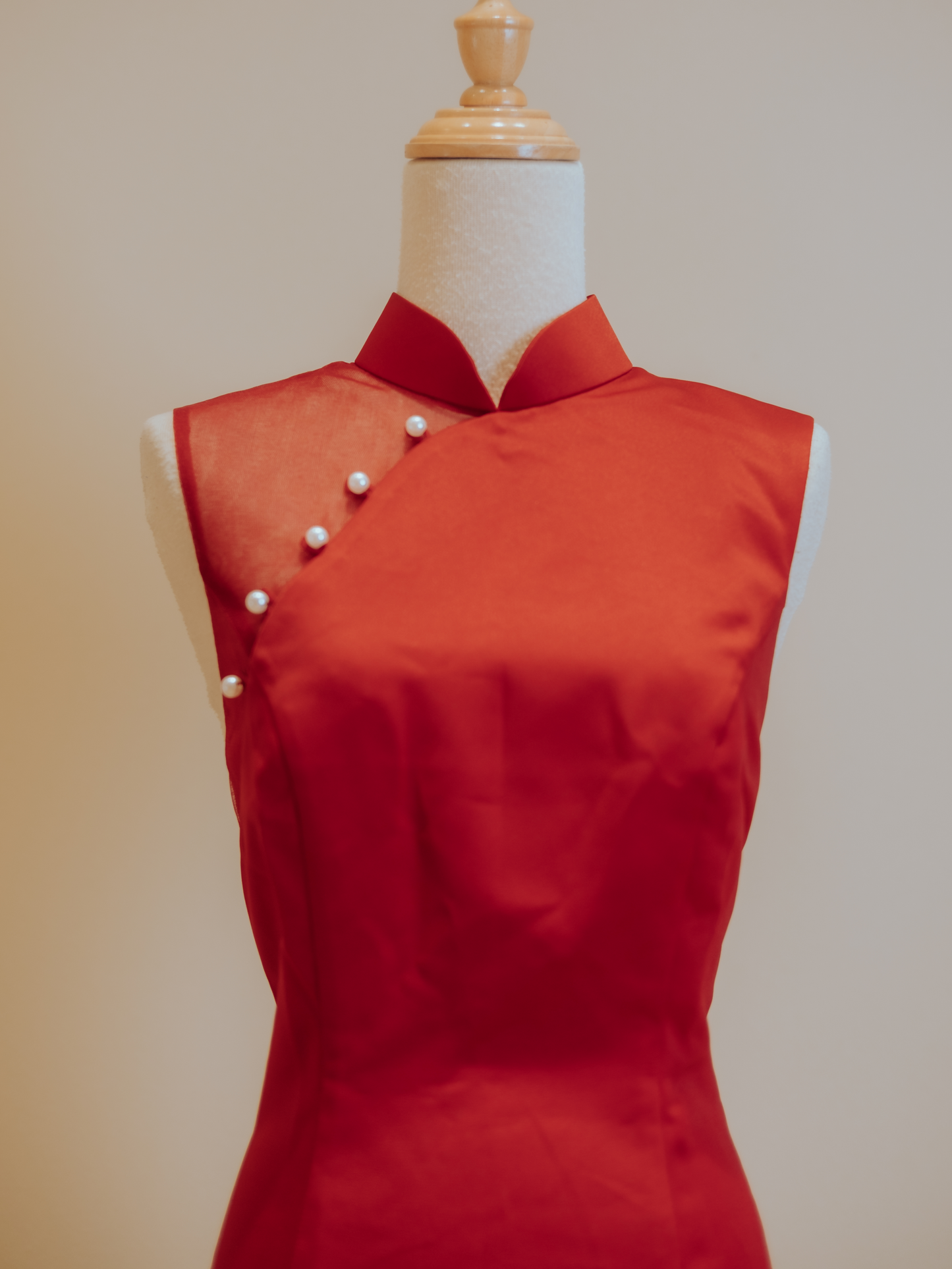 Red Duchess Satin with Side and Back Diamond Back Mesh Cheongsam