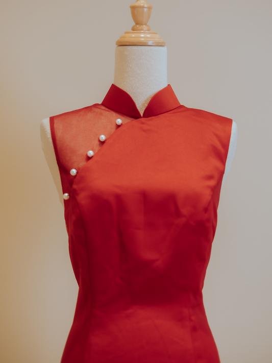 Red Duchess Satin with Side and Back Diamond Back Mesh Cheongsam