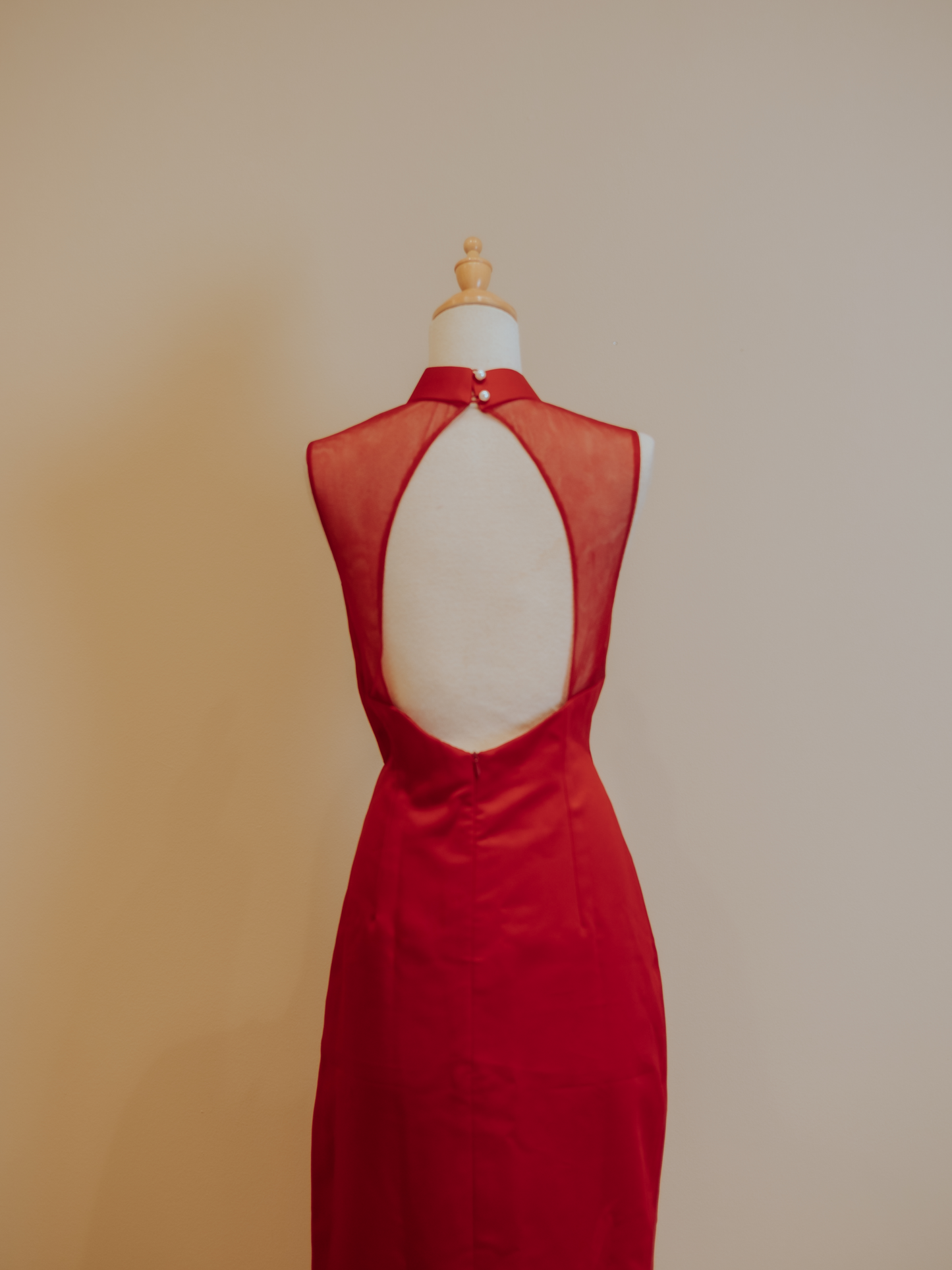 Red Duchess Satin with Side and Back Diamond Back Mesh Cheongsam