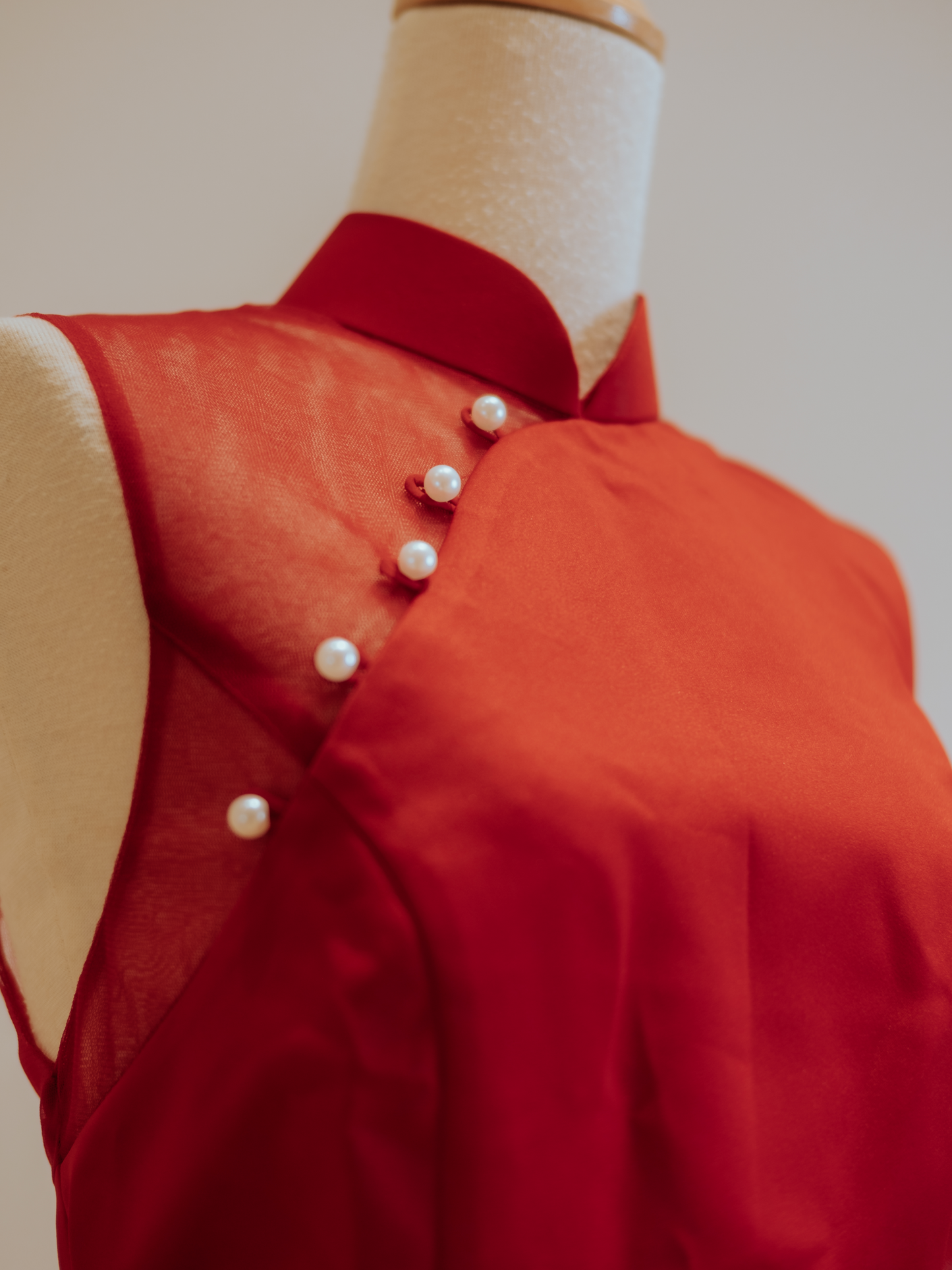 Red Duchess Satin with Side and Back Diamond Back Mesh Cheongsam