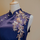 Violet Purple Duchess Satin A line Cheongsam with Appliqué