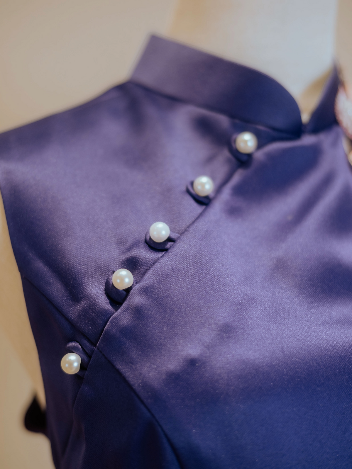 Violet Purple Duchess Satin A line Cheongsam with Appliqué