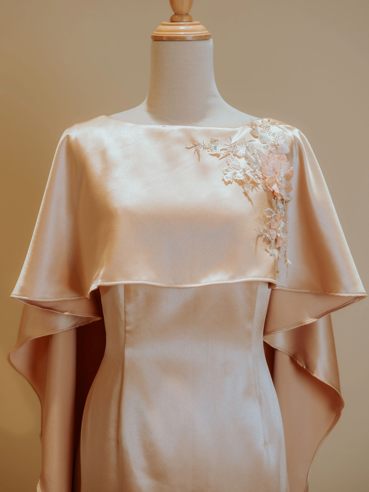 Champagne Gold Duchess Satin With Attached Shawl Mermaid Cut Gown Evening Gown