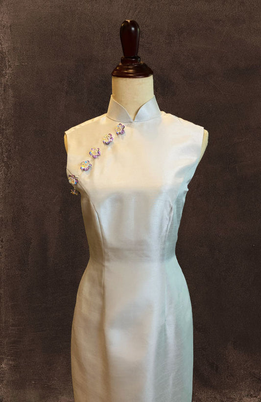 Silver Thai Silk Cheongsam with Bejewelled Buttons