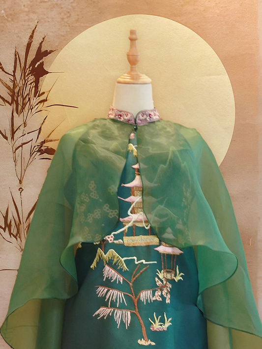 TealGreenSangjitCheongsamwithForestGreenOrganzaCape