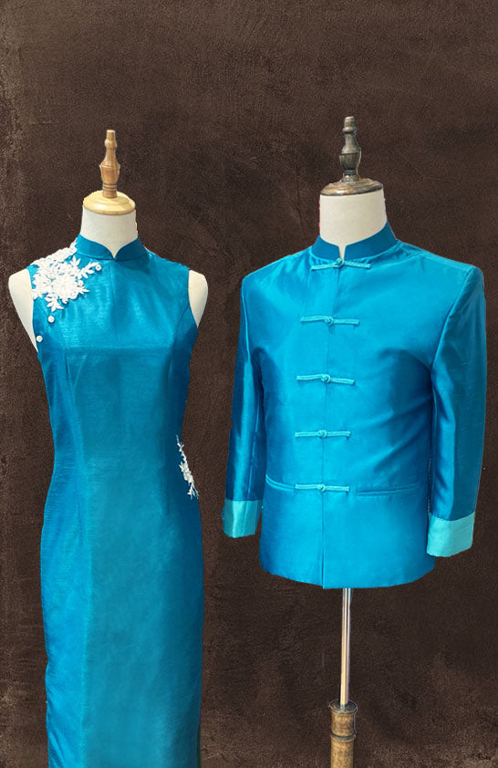 Turquiose Thai Silk Cheongsam and Tang Shirt