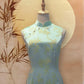 Mint Turquoise and Lime Yellow Floral Jacquard Cheongsam