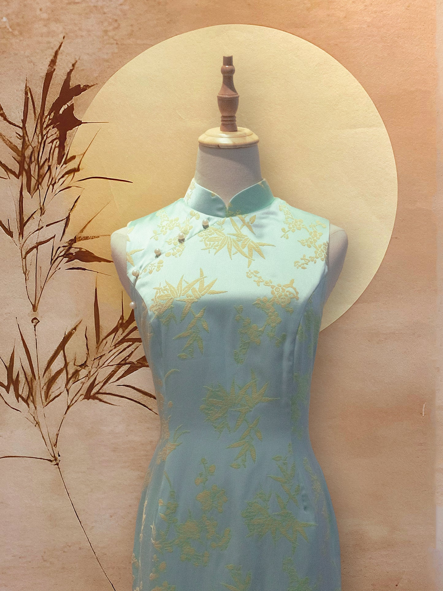 Mint Turquoise and Lime Yellow Floral Jacquard Cheongsam