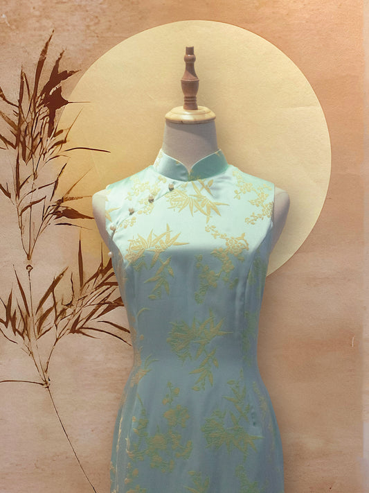 Mint Turquoise and Lime Yellow Floral Jacquard Cheongsam
