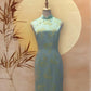 Mint Turquoise and Lime Yellow Floral Jacquard Cheongsam