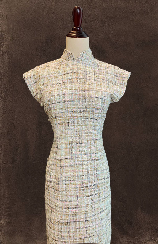 Tweed Cheongsam with Full Pearl Detailing