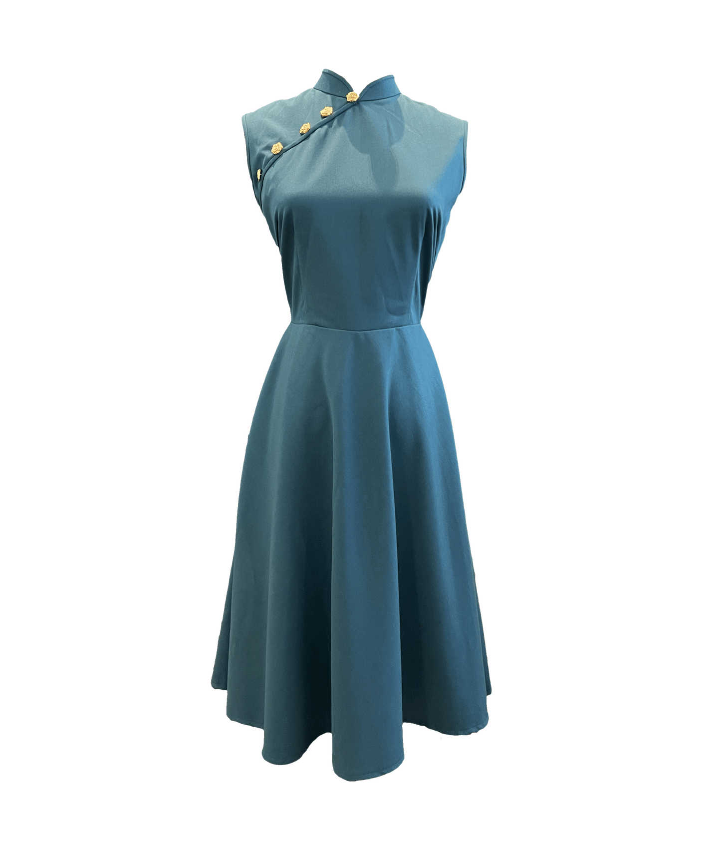 Blue Flare Cut Cheongsam with Camellia Buttons