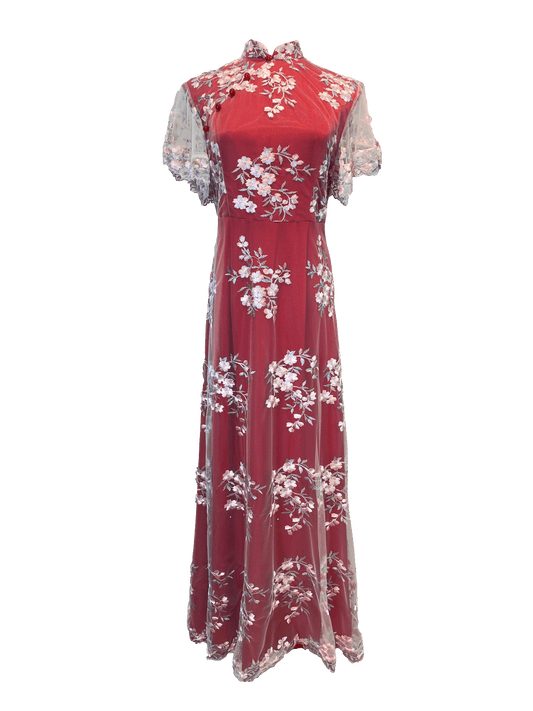 Red Satin Bridal Cheongsam with Floral Lace Overlay