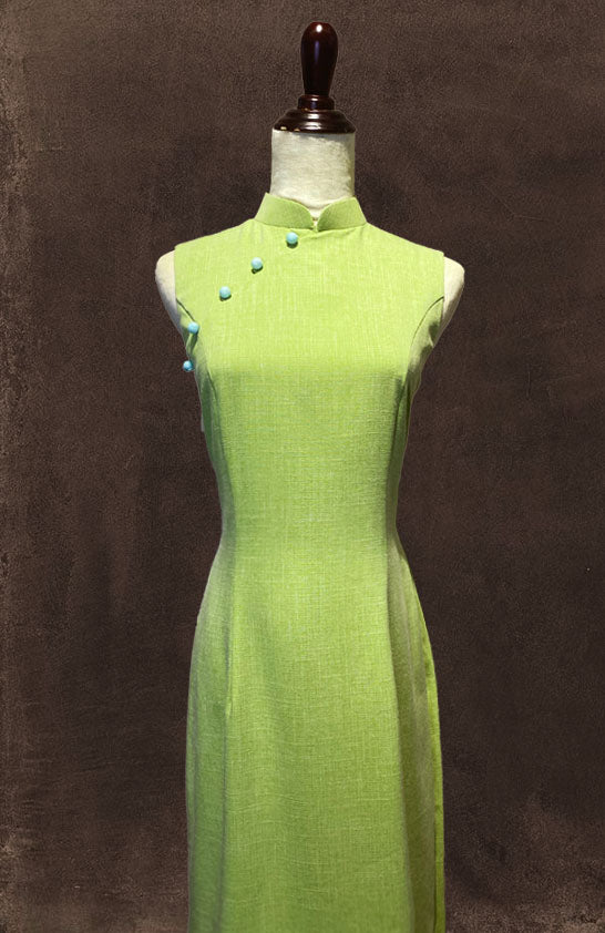 Baby Blue And Lime Green Cotton Cheongsam