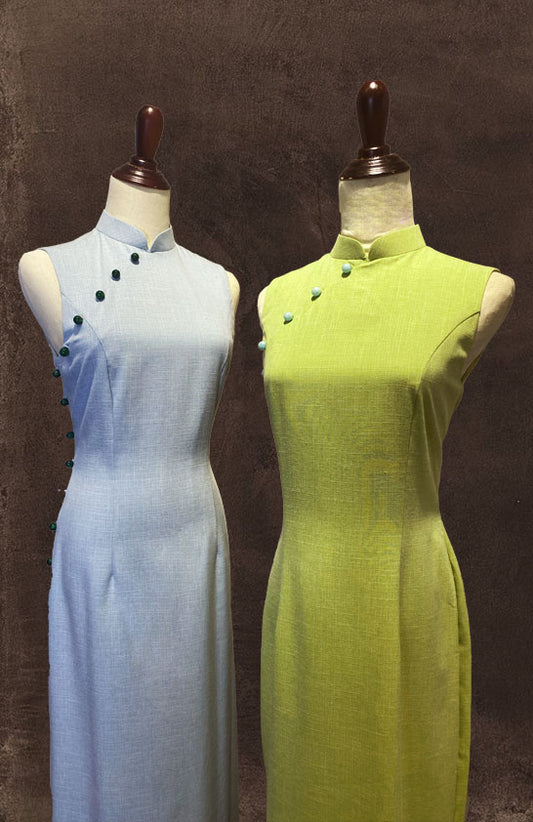 Baby Blue And Lime Green Cotton Cheongsam