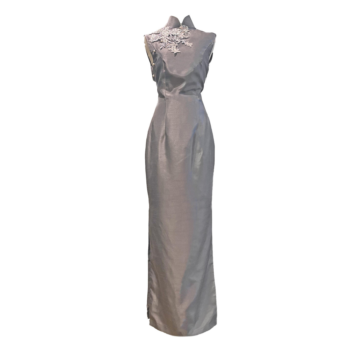 Grey Satin Full-Length Cheongsam