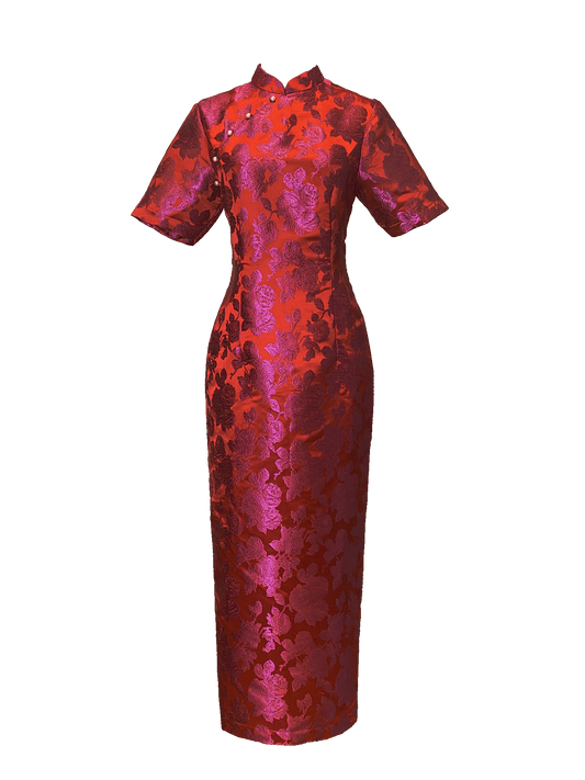 Vermillion Jacquard Cheongsam with Purple Floral Embroidery